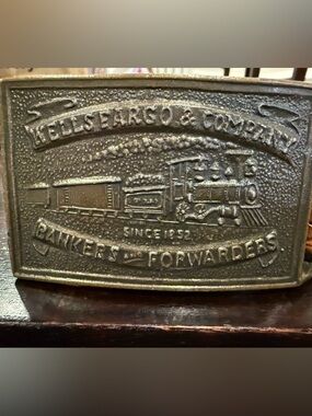 Wells Fargo & Company Vintage Brass Train Belt Buckle with Belt.
